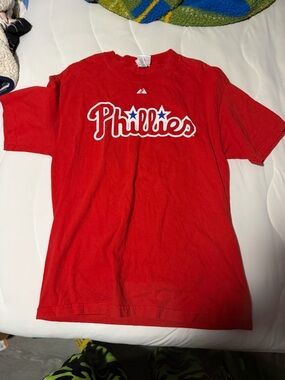 Majestic Roy Halladay Phillies Red Crewneck Tee with Blue & White Logo